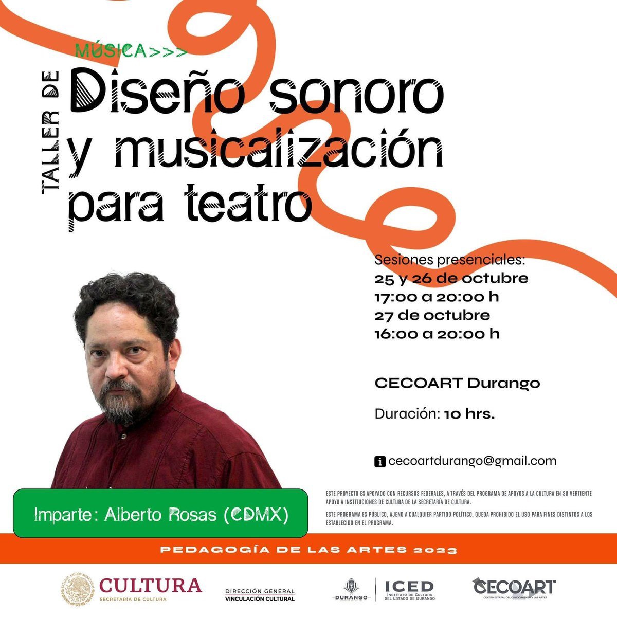 TeatroRicardo's tweet photo. 25 de octubre arranca el taller de Diseño sonoro y musicalización para teatro.

📌Sesiones presenciales: 25 y 26 de octubre, 17:00 a 20:00 hrs. 

27 de octubre, 16:00 a 20:00 hrs

En CECOART Durango 

📌Mayor información: cecoartdurango@gmail.com

#laculturaylasartesentodaspartes https://t.co/A7D17xAvrB