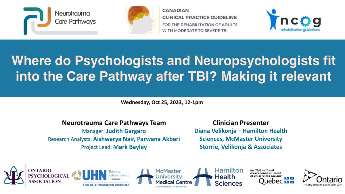 Where do Psychologists and Neuropsychologists fit into the Care Pathway after TBI? Learn more at this week’s webinar presented by Judy Gargaro and Dr. Diana Velikonja on Wednesday, October 25, from 12-1pm. Use the following link to register: psych.on.ca/Continuing-Edu…