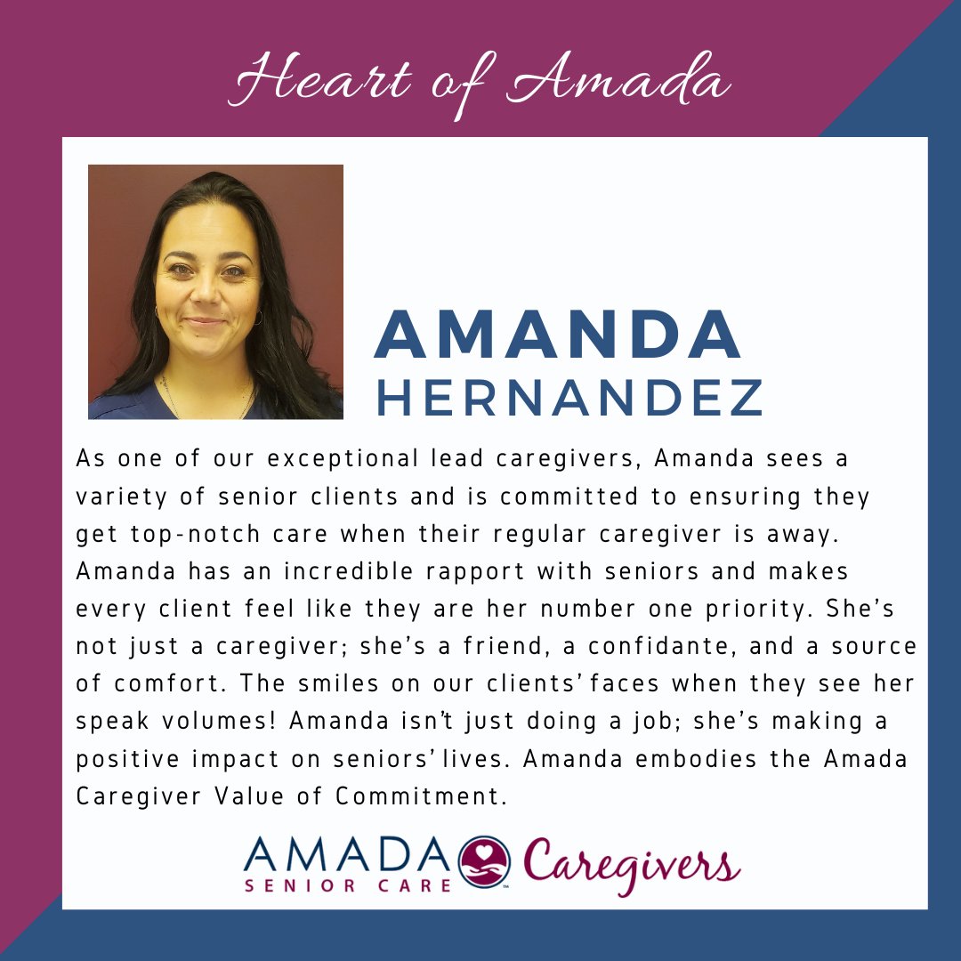 Amanda, we are so blessed and grateful to have you on our team of A-plus caregivers! You not only enrich seniors' lives but help them live joyfully. #bestcaregiver #superstar #rockstar #amadaseniorcare #seniorcare #enrichinglives