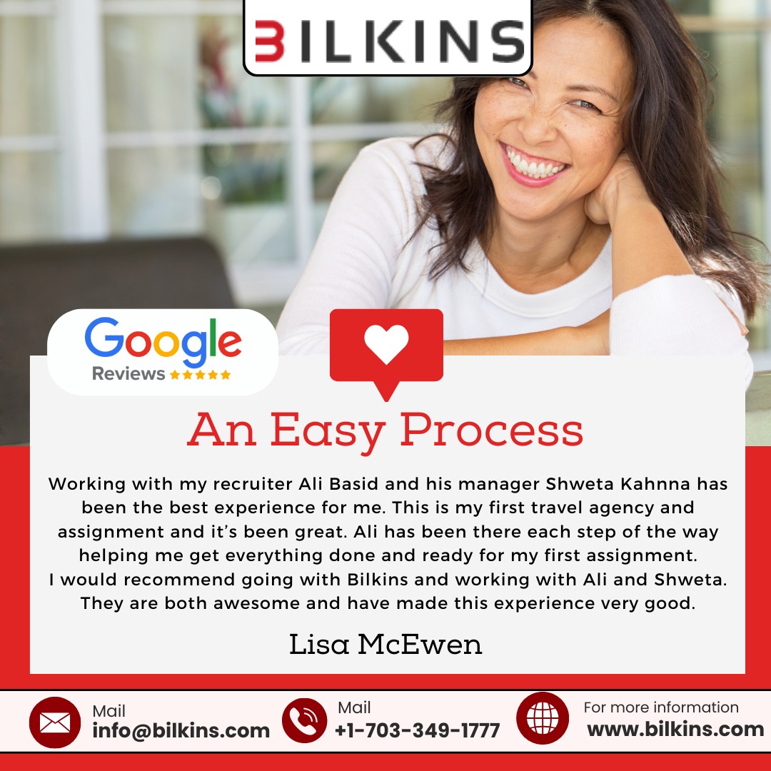 BilkinsInc's tweet image. "A Journey with Bilkins: Lisa's Success Story"

🌟 Lisa McEwen shares her journey with Bilkins, highlighting the exceptional support and guidance provided by her recruiter, Ali Basid, and manager, Shweta Kahnna.

#BilkinsSuccessStory #HealthcareJourney #TravelAssignment