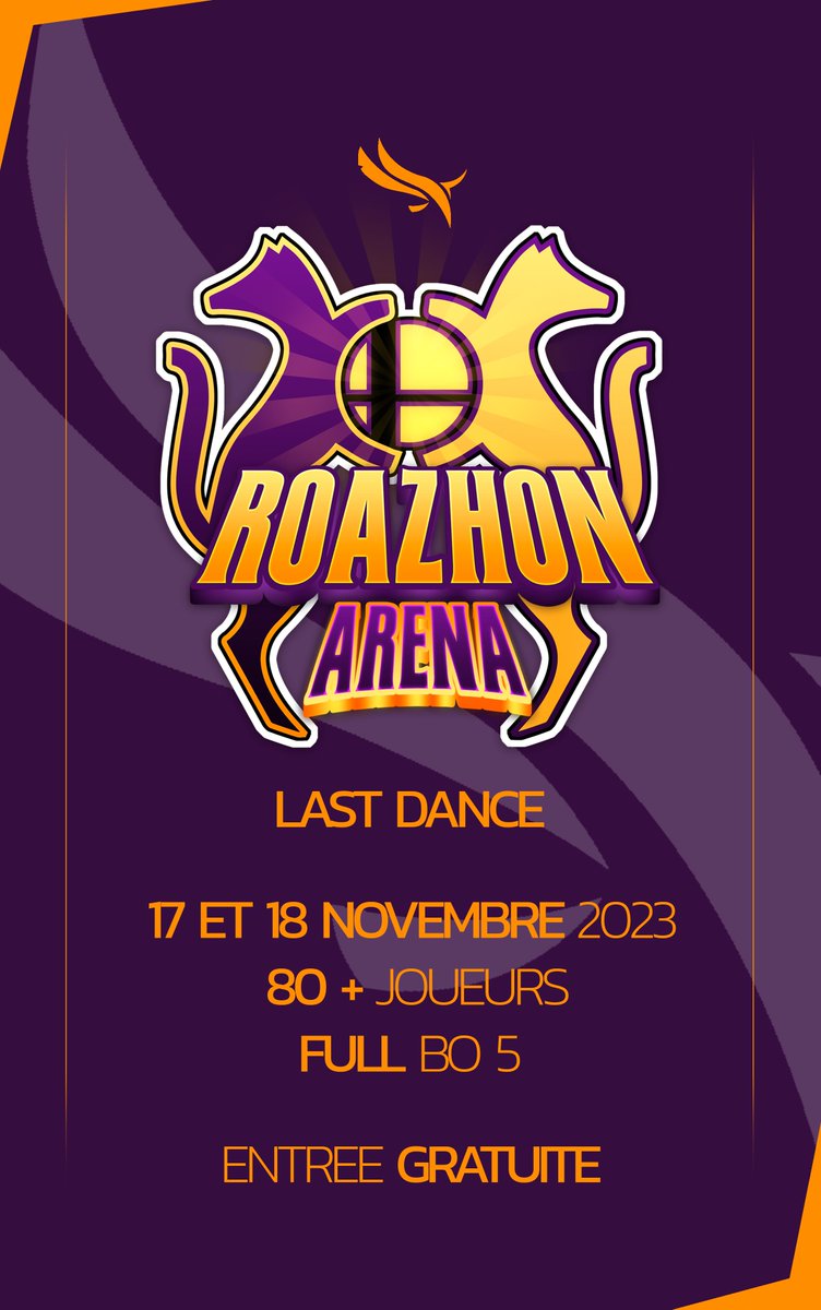 Au vu des dernières annonces faites par Nintendo, le Roazhon Arena #3 Last Dance ? aura lieu le 17 et 18 Novembre 2023

3v3 le Vendredi soir et 1v1 le Samedi

ENTREE GRATUITE, PAS DE CASHPRIZE, FULL BO5

Inscriptions : start.gg/tournament/roa…