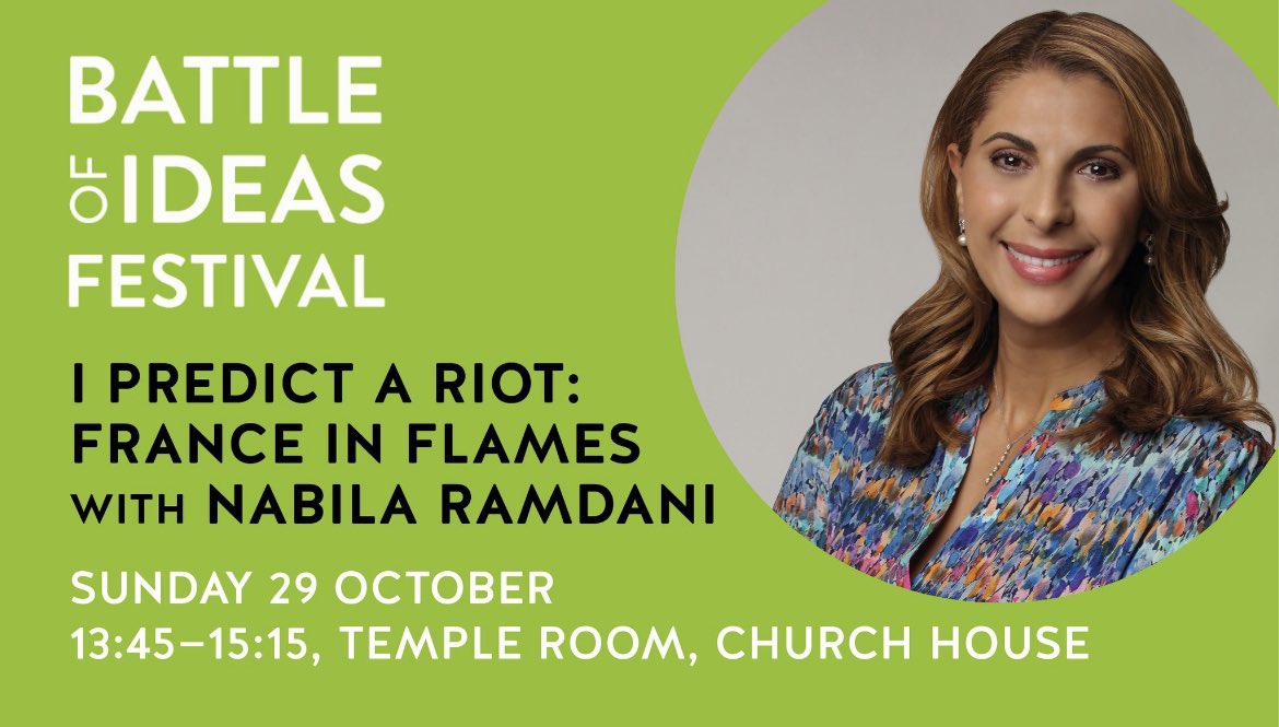 NabilaRamdani's tweet image. Will be speaking at The Battle of Ideas Festival @acadofideas about my new book #FixingFrance and the climate of constant #rioting in the revolutionary land of Liberty, Equality and Fraternity for all. There will also be a book signing.✍🏽 #Battlefest
🎟️: battleofideas.org.uk/session/france…