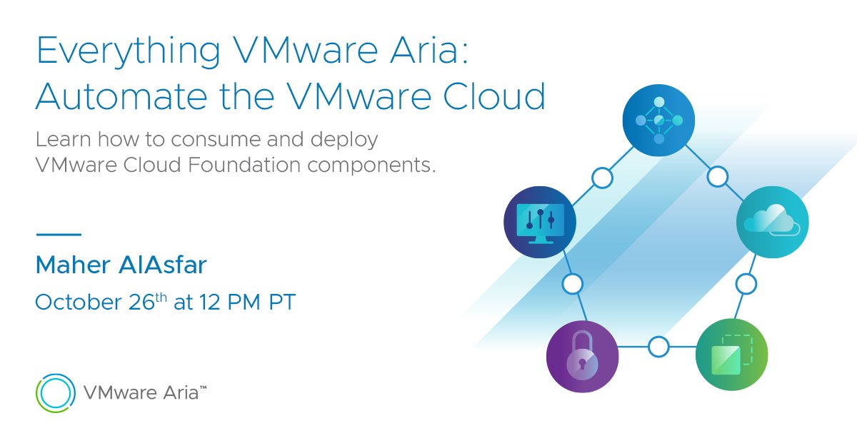 VMware Aria 🤝 <a href="/VMware/">VMware</a>VCF 

In 2️⃣ days, join us across the <a href="/VMwareAria/">VMware Aria</a> social channels for a spooky #EverythingVMwareAria session on consuming and deploying @VMware Cloud Foundation components.