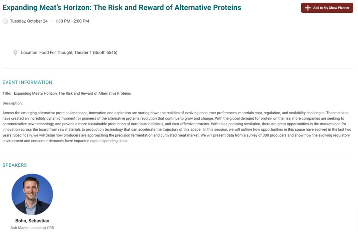 jamesvgingerich's tweet photo. #ProcessExpo:  Coming up at 1:30pm.  Expanding Meat’s Horizon: The Risk and Reward of Alternative Proteins.  #Booth5546.  #FoodProcessing #Atomation #Innovation @ProcessExpo #PE23 https://t.co/jvV7BajFG7