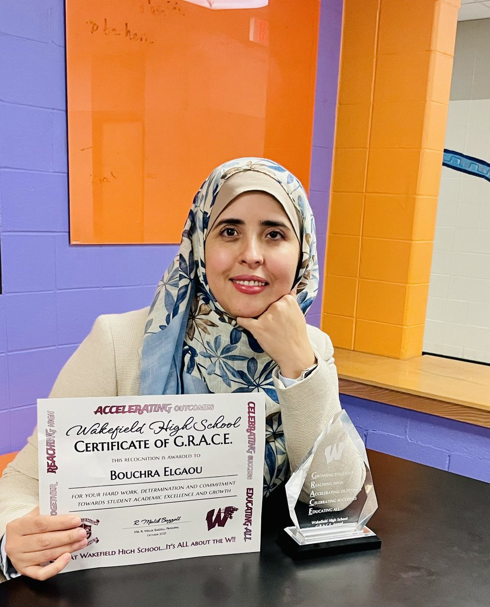 RealCCain's tweet photo. Congratulations to the @WakefieldHS October G.R.A.C.E award winner, Mrs. Bouchra Elgaou. #GrowingTogether #AcceleratingOutcomes #itsallabouttheW https://t.co/bdKnKKCIKR