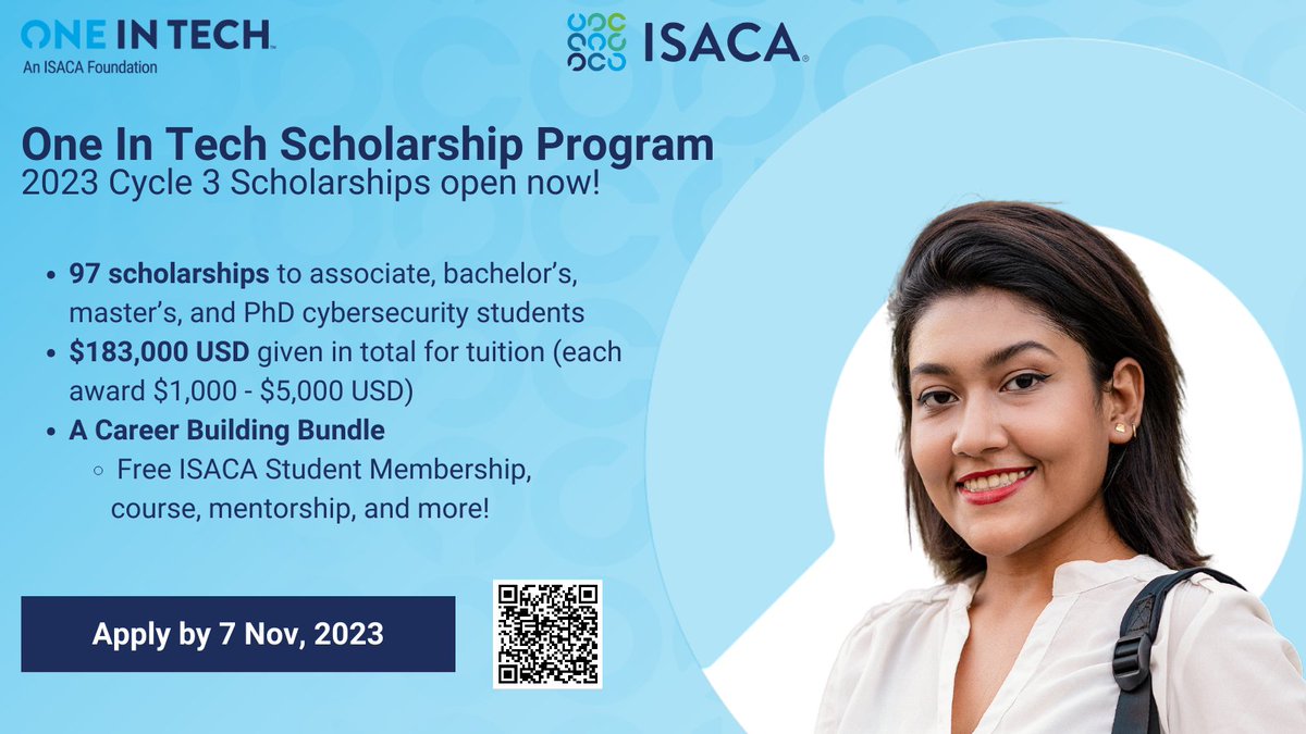 One In Tech, an ISACA Foundation (@weareoneintech) on Twitter photo Check out our extended Cycle 3 scholarships! Don't miss the opportunity to apply for one of our 97 open #cybersecurity and #audit scholarships. Apply now before the new deadline on 7 November: bit.ly/3MeCKxd
<a href="/ISACANews/">ISACA Global</a> #OITScholarships Check out our extended Cycle 3 scholarships! Don't miss the opportunity to apply for one of our 97 open #cybersecurity and #audit scholarships. Apply now before the new deadline on 7 November: bit.ly/3MeCKxd
<a href="/ISACANews/">ISACA Global</a> #OITScholarships