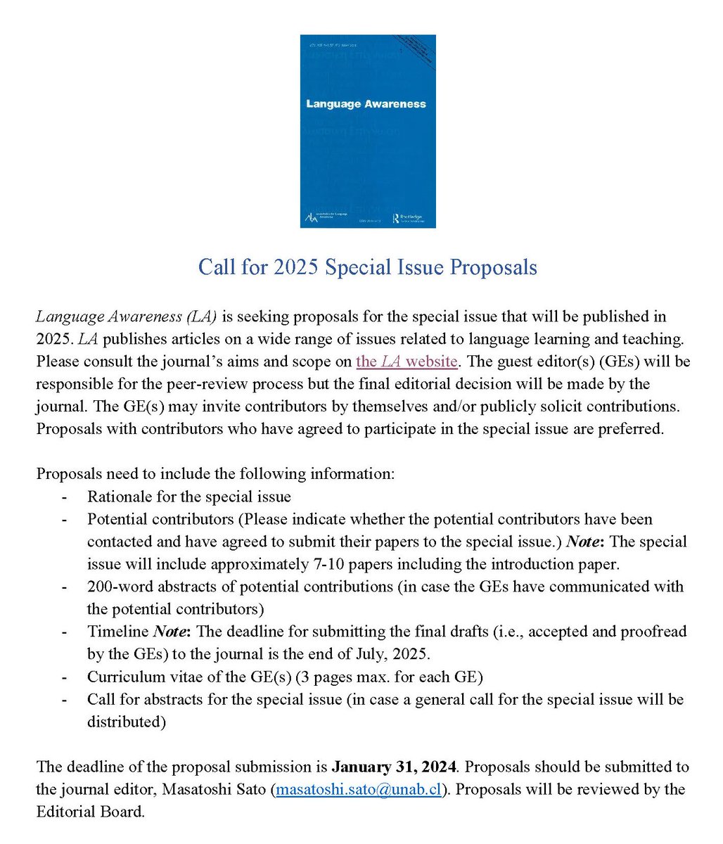 masatoshi_sato's tweet image. A call for the Special Issue in 2025 is out!!! Please consider submitting your proposal. Deadline = January 2024 #ELT #secondlanguage #languageawareness