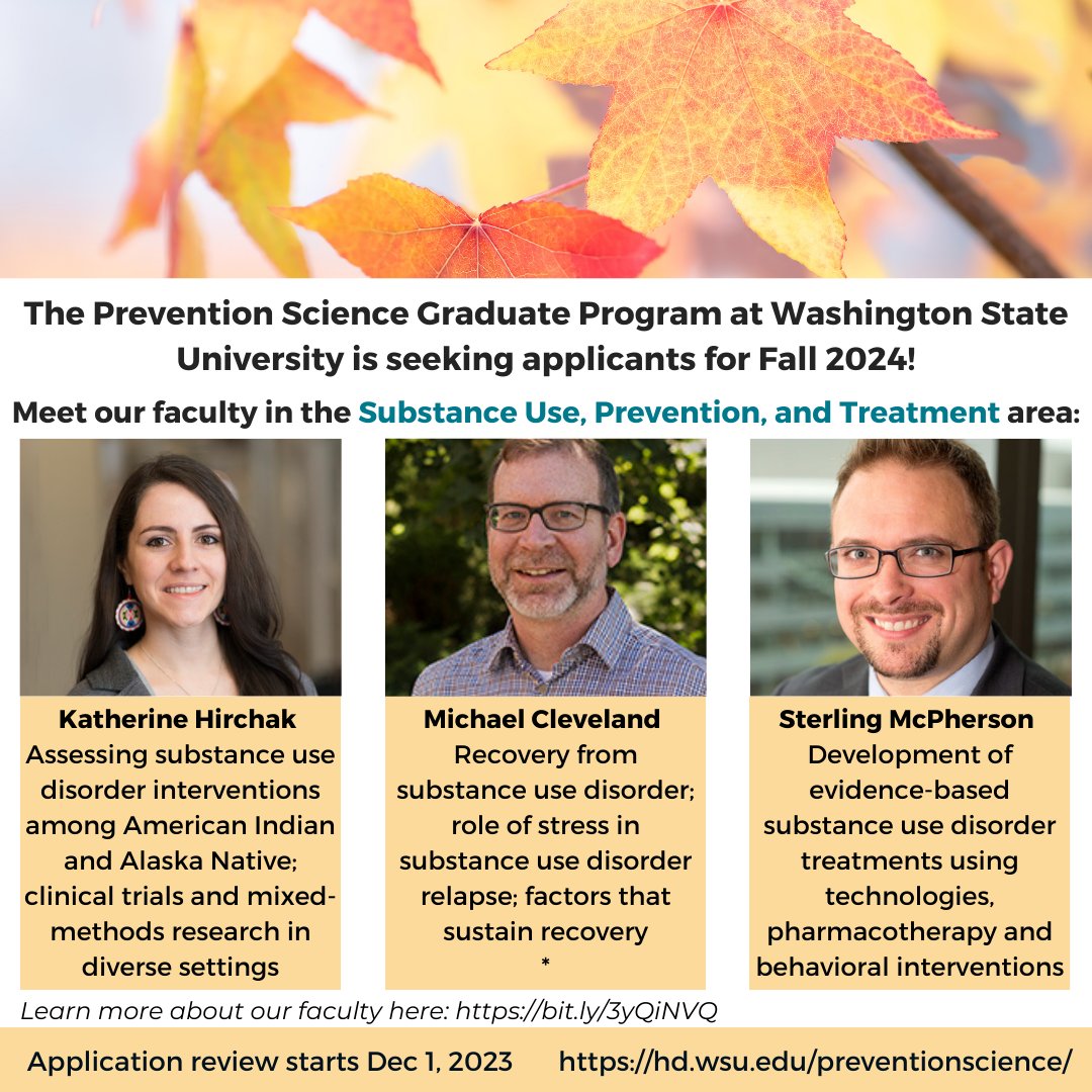 The Prevention Science Graduate Program has several faculty who specialize in substance use prevention. Interested in learning more about a PhD in Prevention Science? Sign up for our webinar on 11/2 at 11 am PST: bit.ly/3ljGNKq