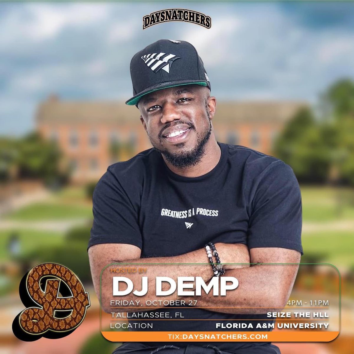 DJDEMP's tweet photo. FAMU HOMECOMING FRIDAY!!!

🟢 CARPE DIEM
DAY SNATCHERS DAY PARTY 
ON FAMU CAMPUS | 5pm

🟠 FRENCHTOWN RISING 
#FREE OUTDOOR CONCERT 
#JUVENILE PERFORMING LIVE | 8pm

🟢 STRIKE AGAIN - ALUMNI PARTY 
@ OYSTER BREWING CO | 10pm

TICKETS ➡️ https://t.co/ySOBbmDCPE https://t.co/RbrSV862Ja