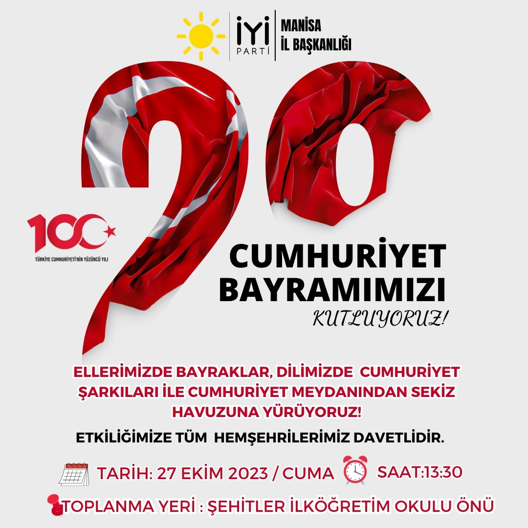 Cumhuriyet Bayramımızı Kutluyoruz...

İYİ Parti Manisa İl Başkanlığı olarak ellerimizde bayraklar, dilimizde Cumhuriyet şarkıları ile Cumhuriyetimizin 100. Yılını kutluyoruz. Tüm hemşehrilerimizi al kırmızı Bayramızı alıp, Cumhuriyet coşkusuna katılmaya davet ediyoruz. 🇹🇷
#Manisa