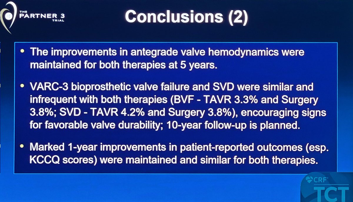 Standing room only as @MartyBLeon presents 5-yr outcomes from PARTNER 3. TAVR remains a meaningful alternative to SAVR in low-risk severe AS #TCT2023 @crfheart