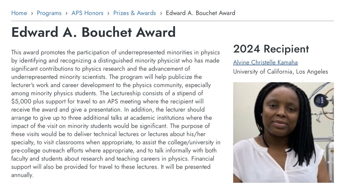 AlvineKamaha's tweet photo. I am ecstatic to have been selected by #APS honors committee as the 2024 Edward A. Bouchet award recipient https://t.co/PtJpq5WIoZ https://t.co/PamlWuTTJR