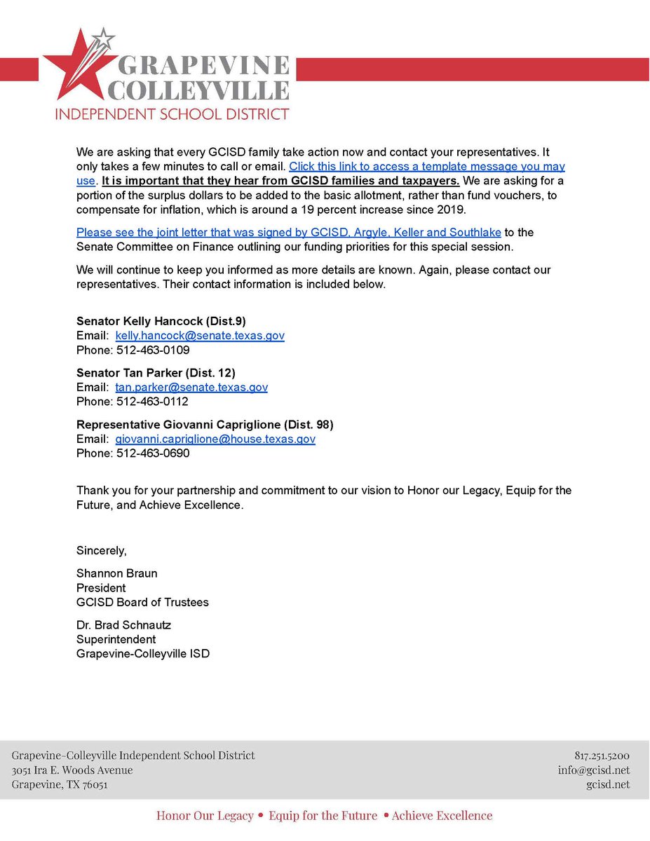 On 10/5/23, Governor Abbott released a proclamation calling for a 3rd special session of the 88th Legislature in which school funding was not on the list of priorities. 

See the message from Board President Shannon Braun &amp; Superintendent Dr. Schnautz. 5il.co/27omn