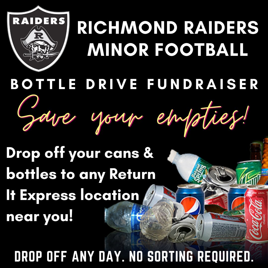 RMFL_Raiders's tweet photo. Show your support for community youth football &amp; cheerleading! In just 3 easy steps you can bring your empty cans and bottles to a Return It Centre &amp; all the money raised goes to directly to supporting our Richmond Raiders programs &amp; player development ! https://t.co/jVMd30xBa1