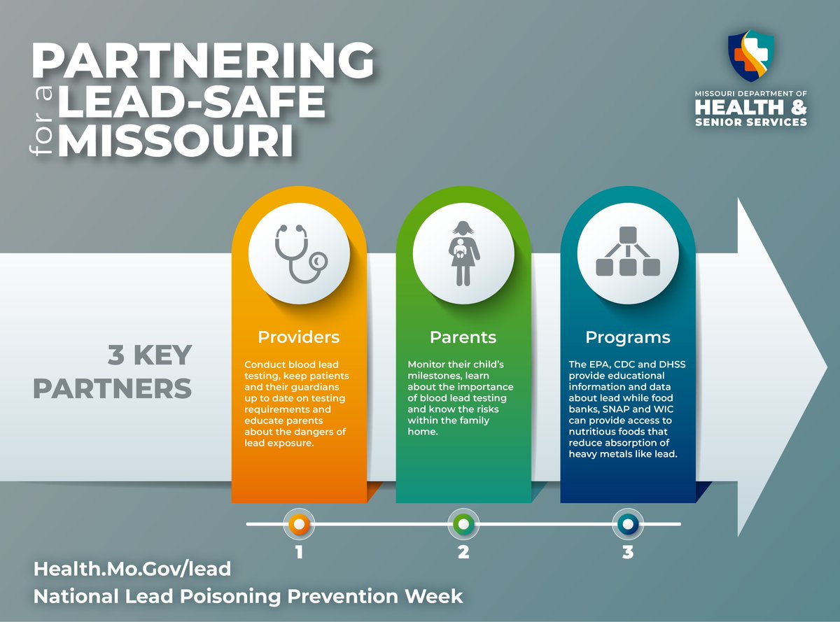 It's National Lead Poisoning Prevention Week! Three key partners can make a difference: Providers test blood lead levels, parents track their child’s milestones and programs provide the necessary education to keep us lead-free! #NLPPW2023 #NLPPW #HealthyLivingMO #LeadFreeKids