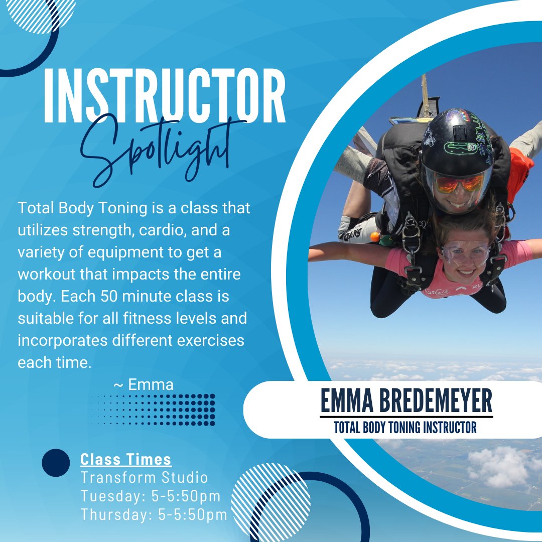 Want to try a new group fitness class? Join Instructor Emma at Total Body Toning! It is a class focused on strength-training and total body functional movement. Working your lower body, upper body, and core.

#lifeatxu
