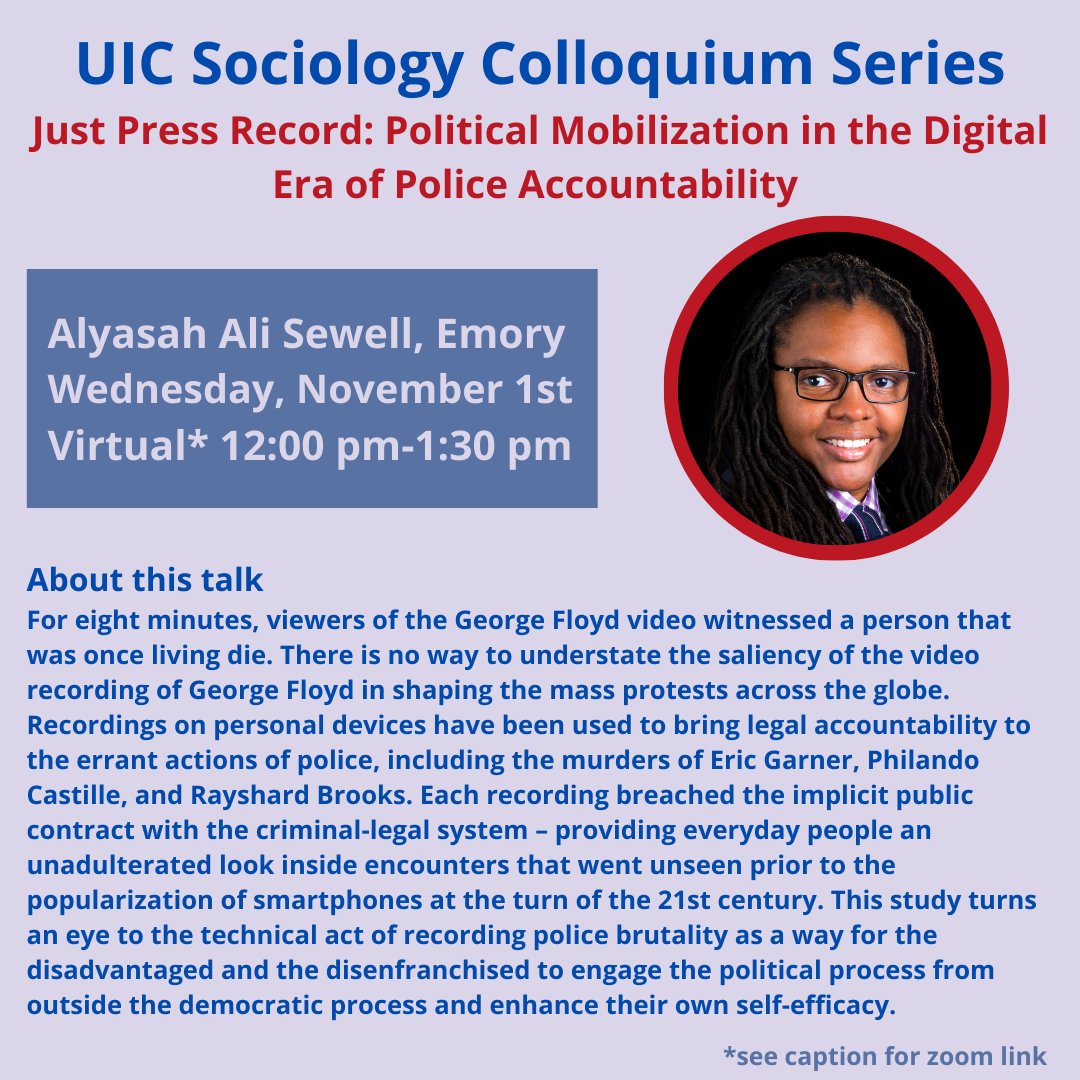uicsoc's tweet photo. NEXT Wednesday, November 1st we welcome @aasewell via zoom for another installment of this season's Colloquium Series.

Please note this event will be held via ZOOM, and we will not be hosting in person.

https://t.co/yLhj5aGYfj

DM with questions! https://t.co/dVZIKDf9Uk