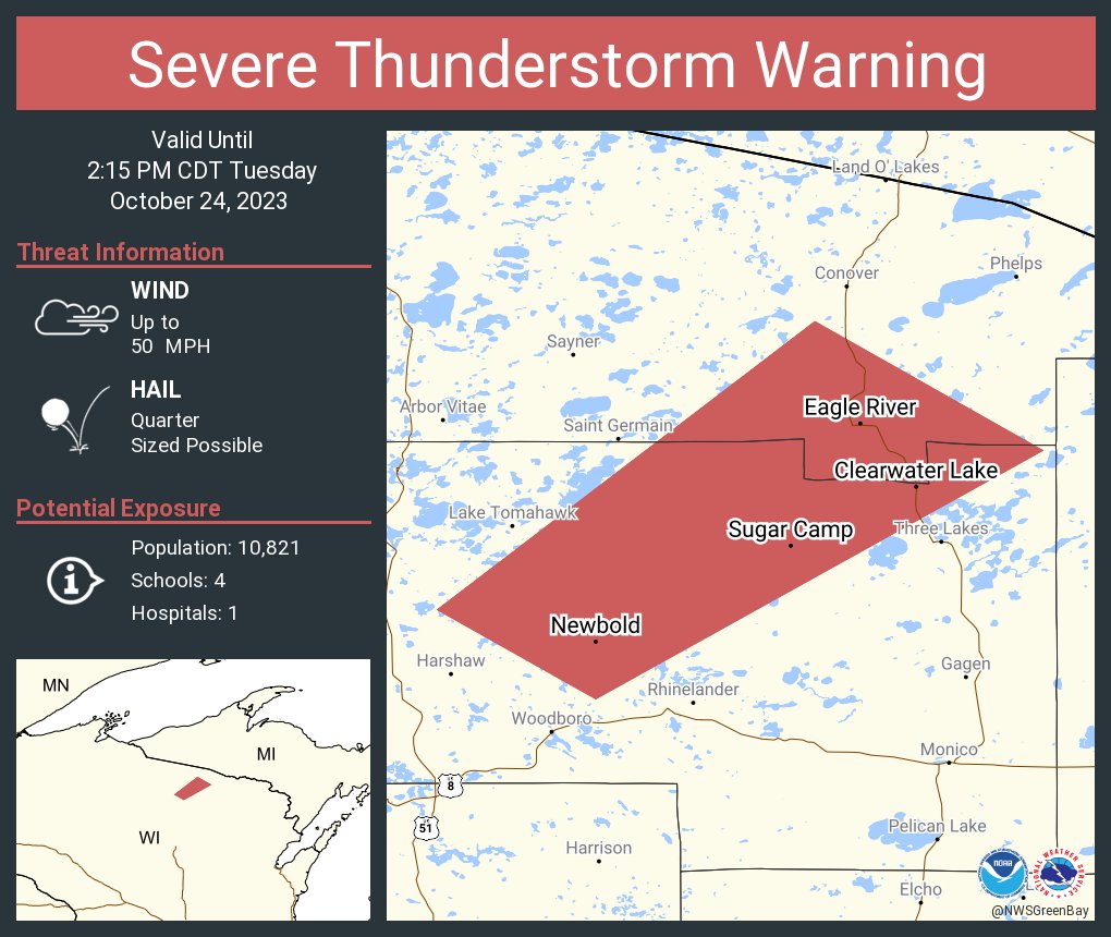 NWSGreenBay's tweet photo. Severe Thunderstorm Warning including Eagle River WI, Clearwater Lake WI and  McNaughton WI until 2:15 PM CDT https://t.co/U12oACM5dJ