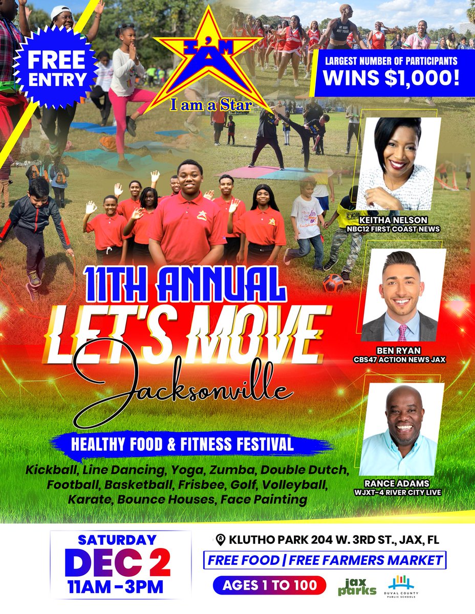 I'm A Star Foundation (@imastarjax) on Twitter photo We’re so excited to have <a href="/KeithaNelsonFCN/">Keitha Nelson</a> , <a href="/RanceAdamsTV/">Rance Adams</a> , and @BenRyanANJax host our 11th Annual #LetsMoveJax festival this year!
Save The Date for December 2, 2023, 11a-3p at Klutho Park
<a href="/jaxparks/">JaxParks</a> <a href="/CityofJax/">City of Jacksonville</a> <a href="/DuvalSchools/">DCPS</a> We’re so excited to have <a href="/KeithaNelsonFCN/">Keitha Nelson</a> , <a href="/RanceAdamsTV/">Rance Adams</a> , and @BenRyanANJax host our 11th Annual #LetsMoveJax festival this year!
Save The Date for December 2, 2023, 11a-3p at Klutho Park
<a href="/jaxparks/">JaxParks</a> <a href="/CityofJax/">City of Jacksonville</a> <a href="/DuvalSchools/">DCPS</a>