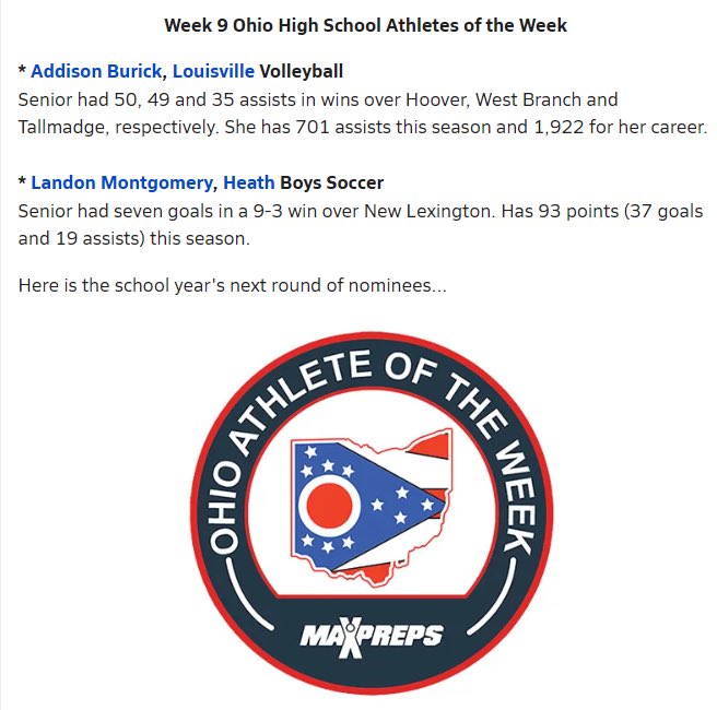 Addison Burick 
Maxpreps - OHIO Athlete of the week! 
Keep it going AJ! 
💪🏻💙🏐🐾