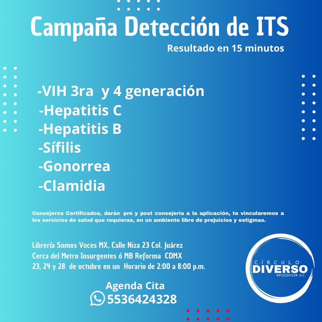 SomosVocesMX's tweet photo. Hoy martes 24 de octubre, @circulo_diverso hará una Jornada de detección en el espacio seguro de #SomosVoces, con pruebas rápidas, seguras y confidenciales de vih 3G y 4G, sífilis, gonorrea, clamidia, hepatitis B y C. 
Horario: 2:00 a 8:00 pm. Agenda tu cita al 5536424328. 🔺 https://t.co/9Y2Vp4ANtm