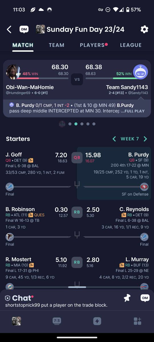 collin_scott's tweet photo. @FantasyPros Thank God Purdy threw and INT late and saved my perfect record. I left D'Onta and Minshew on my bench. https://t.co/xrQtw8tS01