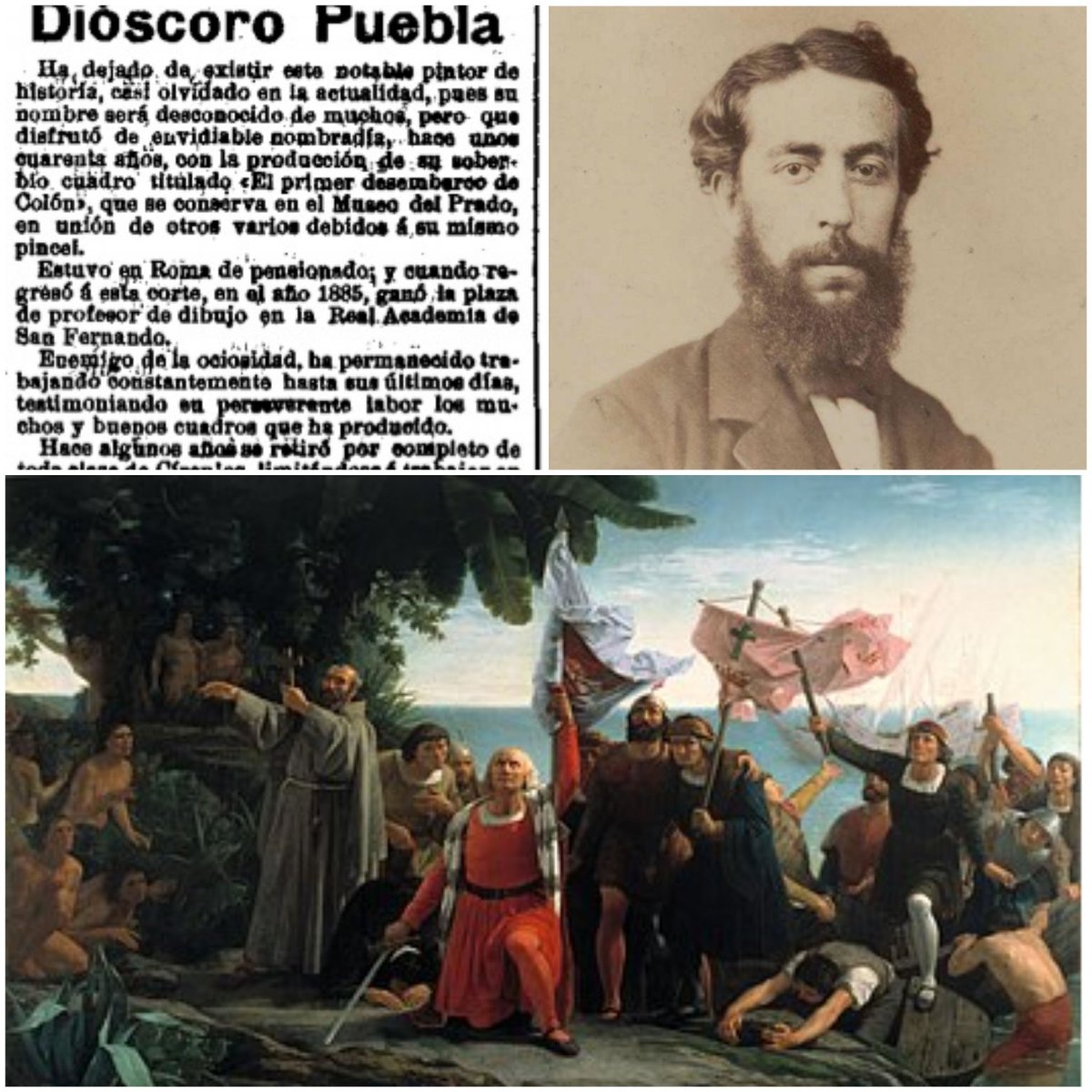 Dióscoro Teófilo Puebla, pintor 🇪🇸🎨👨🏻‍🎨, fallece el #24Octubre de 1901🙏🏻Su obra contiene temas históricos, como el cuadro 'Primer desembarco de Cristóbal Colón en América' Uno de las más utilizados sobre el tema hasta nuestros días  #FelizMartes