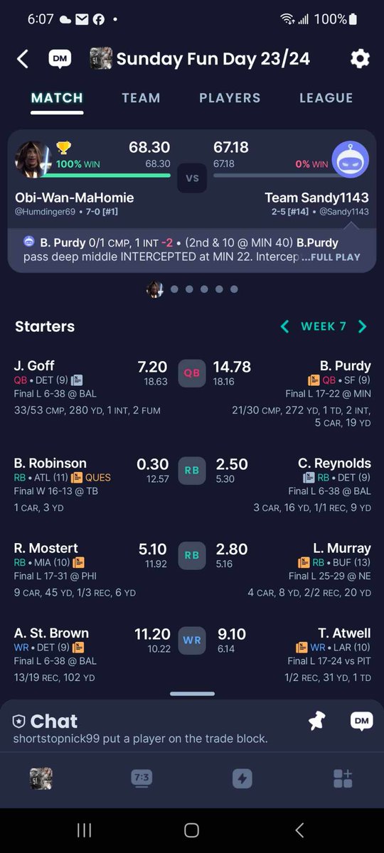 collin_scott's tweet photo. @FantasyPros Thank God Purdy threw and INT late and saved my perfect record. I left D'Onta and Minshew on my bench. https://t.co/xrQtw8tS01
