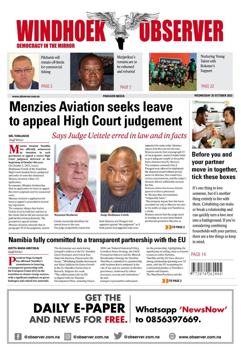 ParagonNamibia's tweet photo. Your Wednesday front page. https://t.co/Nqe1xtzGwZ