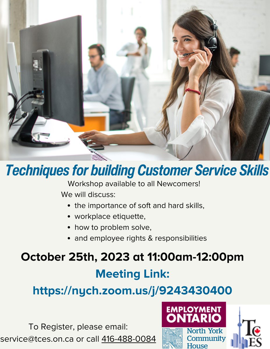 TCES1's tweet image. Techniques for Building Customer Service Skills geared towards #newcomers tomorrow, Oct 25 over Zoom!

#customerservice #tces #newcomer #employmentontario #employmenttraining #toronto #yongeandeglinton