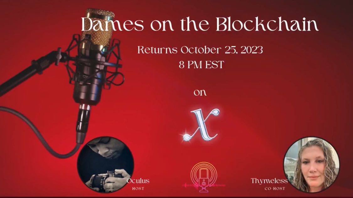 Dames On The Blockchain (@damesblockchain) on Twitter photo Join <a href="/OculusVision/">๊ฒ๊๊ค๊๊ค๊ ๐ท</a> and <a href="/Thymeless_Trvl/">Thymeless</a> on Wed Oct 25th @ 8 PM EST. The Dames return at our normal time. Let's talk about all things crypto and what is happening in the market. The Mic is open to anyone. Join us and bring a friend.
Set a reminder here ๐
x.com/i/spaces/1DXxyโฆ Join <a href="/OculusVision/">๊ฒ๊๊ค๊๊ค๊ ๐ท</a> and <a href="/Thymeless_Trvl/">Thymeless</a> on Wed Oct 25th @ 8 PM EST. The Dames return at our normal time. Let's talk about all things crypto and what is happening in the market. The Mic is open to anyone. Join us and bring a friend.
Set a reminder here ๐
x.com/i/spaces/1DXxyโฆ
