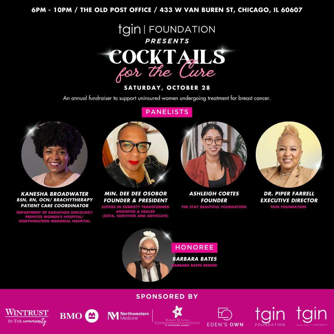 Come out and support <a href="/LurieCancer/">Lurie Cancer Center</a>'s own Kanesha Broadwater at <a href="/tginofficial/">Ethena Labs</a> Cocktails for the Cure this Saturday eventbrite.com/e/6th-annual-t…