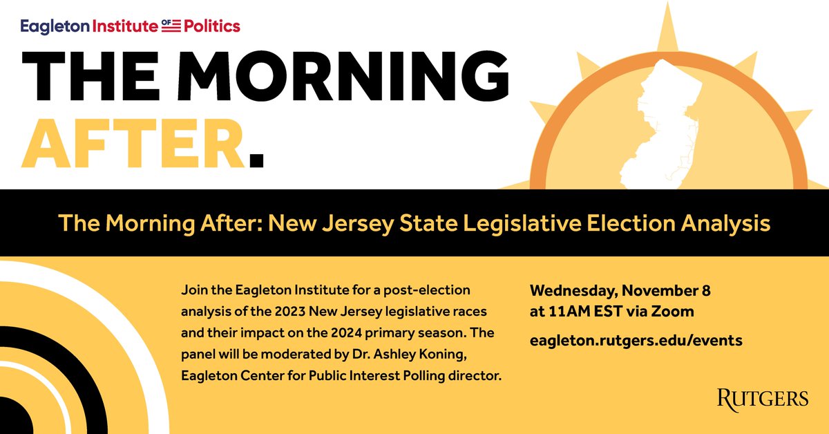 Join us for our annual election event, The Morning After: NJ State Legislative Election Analysis. Wednesday, November 8 | 11AM | Zoom Election experts and members of the media will discuss the November 7 general election results. Register Now: eagleton.rutgers.edu/event/the-morn…