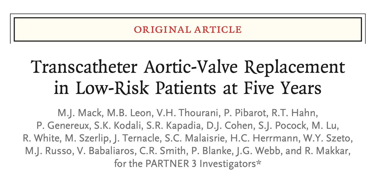 Five year results of PARTNER 3 trial now published in the NEJM. Conclusions are based on the primary composite outcomes, but two aspects will be a reason for discussion, I guess: crossing of death curves, and the higher rate of valve thrombosis with TAVI. nejm.org/doi/full/10.10…
