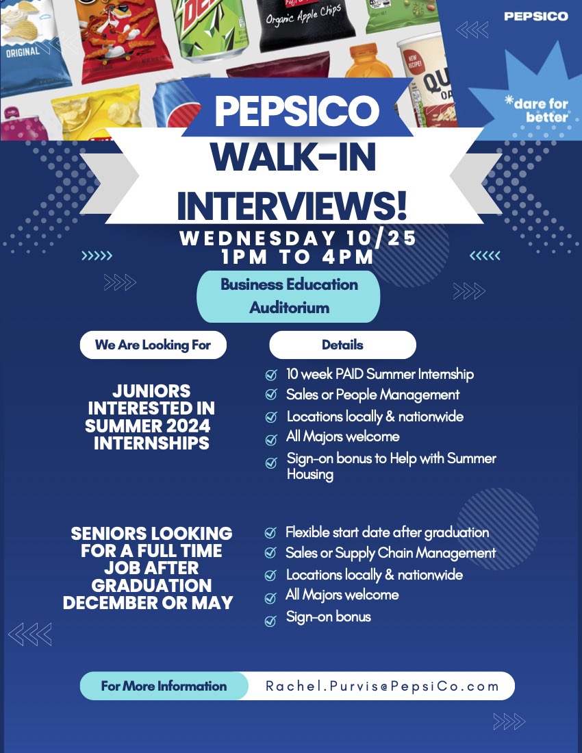 Pepsi will be conducting an informational session about their exciting summer internship program tomorrow, October 25th, at 1:00 PM. Following the informative session, Pepsi will also be conducting on-campus interviews, for our students to engage with potential future employers.