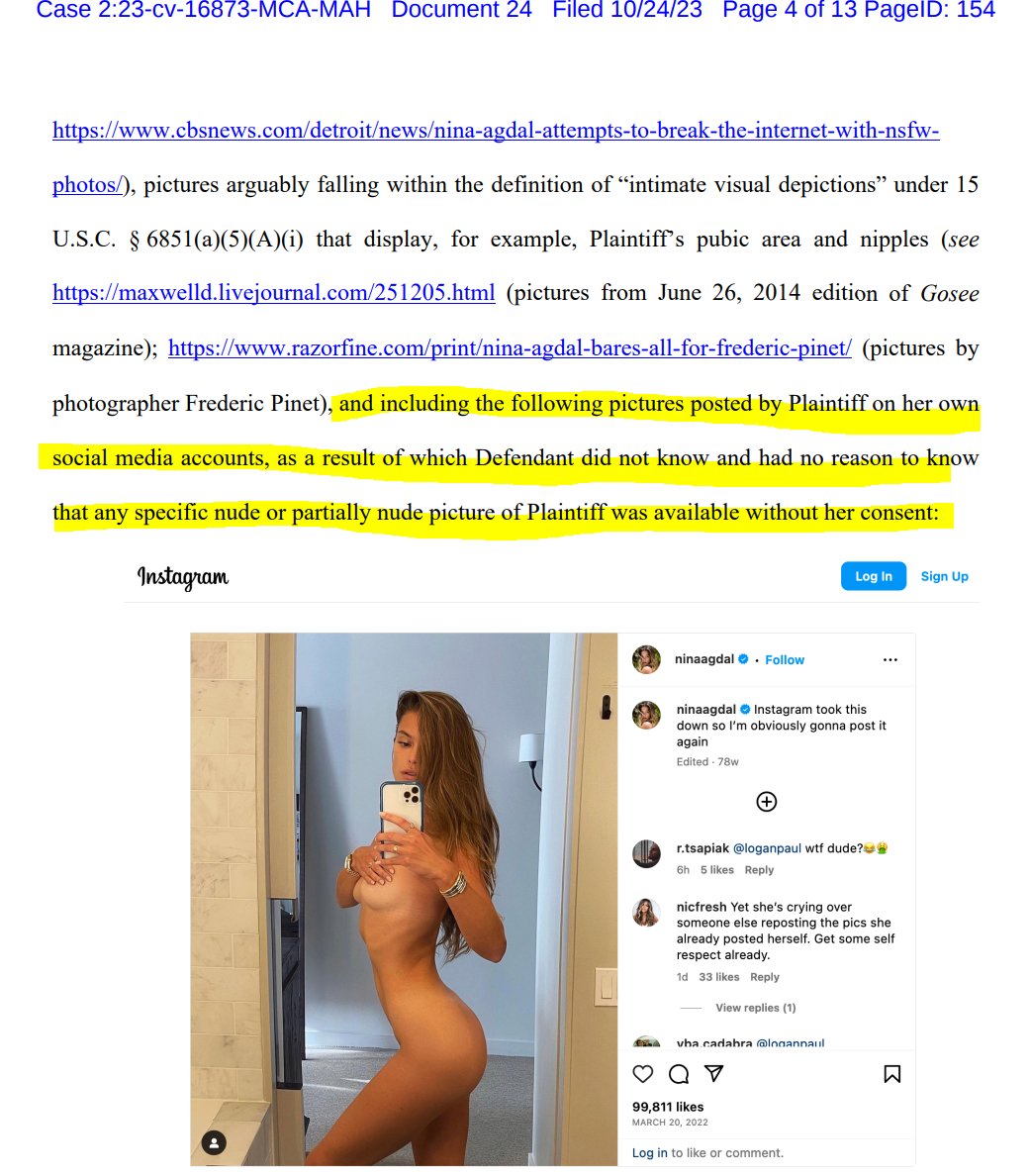 Rob Freund on X: Dillon Danis answered Nina Agdal's lawsuit today. Agdal  is suing him under the federal revenge porn law for posting an explicit pic  without her consent. Danis says because