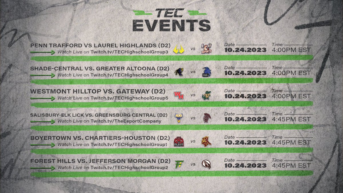 ACTION-PACKED SLATE 🚗⚽️

TEC High School Series - Week 4  Division 1 &amp; 2 featuring Rocket League!

twitch.tv/TheEsportCompa…
twitch.tv/TECHighSchoolG…
twitch.tv/TEChighschoolg…