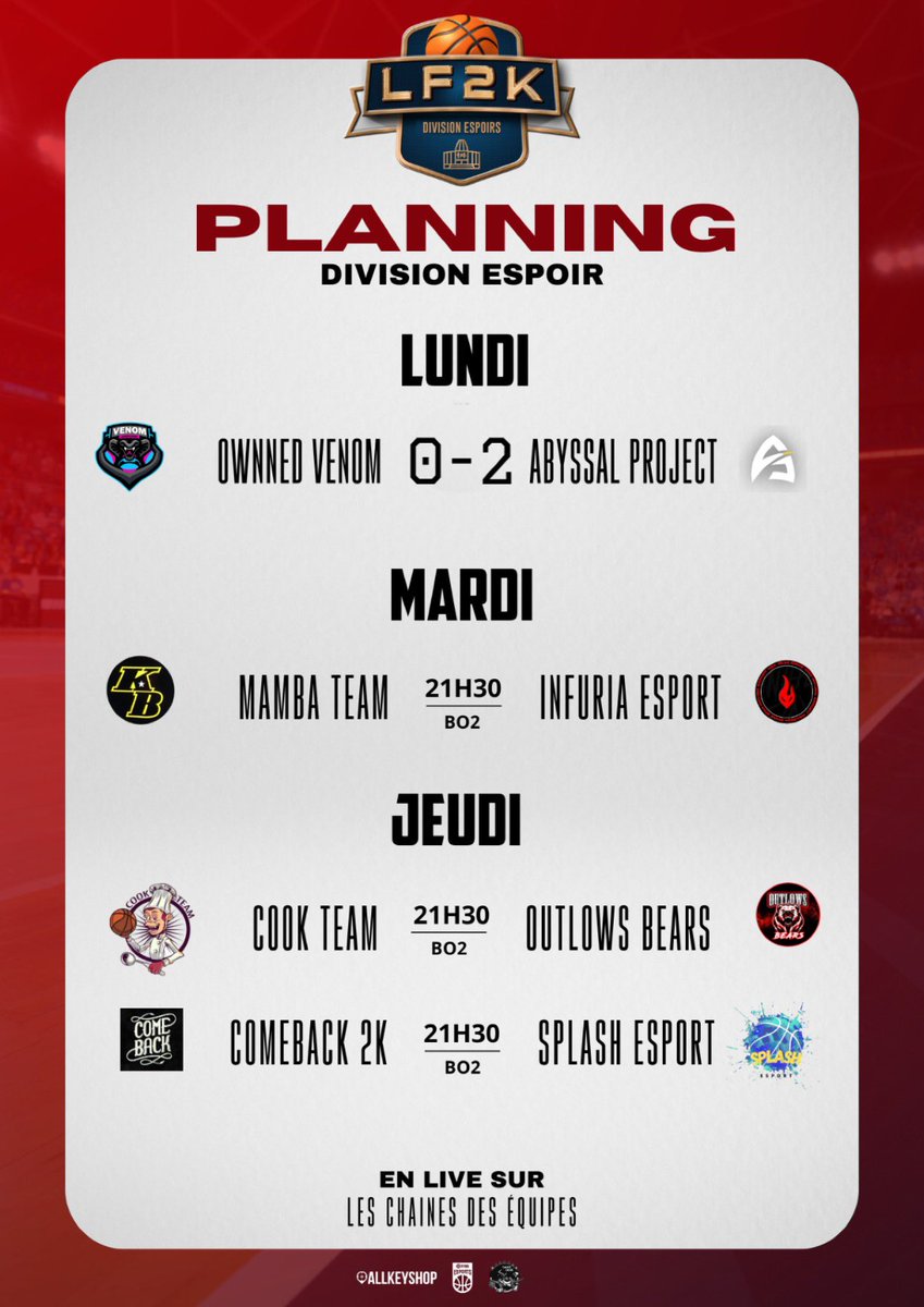 Bonsoir à tous ! 

Après la victoire de @AbyssalProject qui conforte sa place en tête du groupe B, on retrouve ce soir au programme de la DIV ESPOIR <a href="/LF2K__/">LF2K</a> :

🏆 div ESPOIR GRP A

⚔️ <a href="/MambaTeam3/">MAMBA COME BACK 👑</a>(1-1) vs <a href="/InFuria_esport/">InFuria E-sport</a> (1-1)

📺 twitch.tv/lezxbre

⏰ 21h30 

🔥🔥