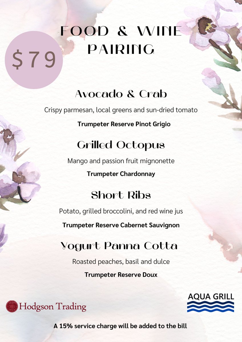 Only 10 spots left!

Join for an unforgettable evening with delicious food paired with the best wines!!

Book now: reservations@aqua-grill.com