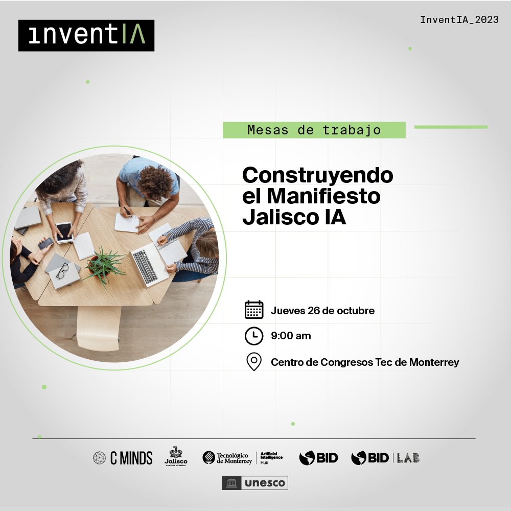 UNESCOMexico's tweet photo. 🔊Avanzan en #México las acciones por una #InteligenciaArtificial al servicio del bien común.
👉🏿Participa en #InventIA 2023 del @Hub_IA_Tec y en el diseño del #ManifiestoJaliscoIA, para orientar su desarrollo ético.
📍#Guadalajara
🌐https://t.co/geyb1gbCtf https://t.co/doyuxvBL52