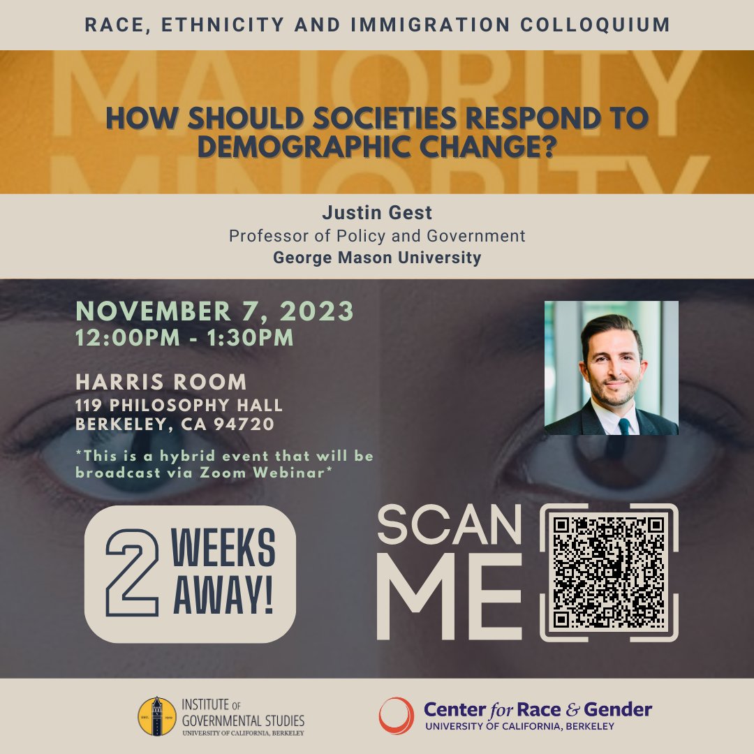 Only two weeks away! Join us to discuss how societies react to demographic change, alongside Justin Gest, a distinguished Professor at George Mason University, at our next Race, Ethnicity, and Immigration Colloquium. 📚🔍🌐 We hope to see you there!