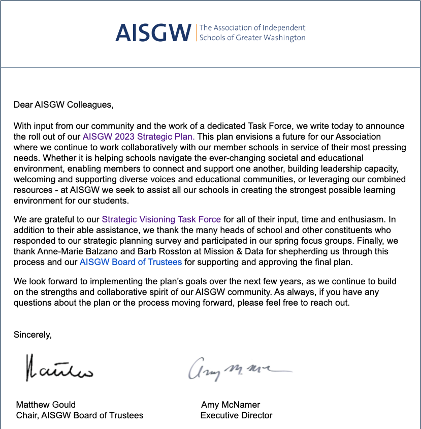 Mission and Data (@missionanddata) on Twitter photo Congratulations to <a href="/AAisgw/">Amy McNamer</a> and <a href="/AISGWtweets/">AISGW</a> on the launch of the AISGW 2023 Strategic Plan. Anne-Marie Balzano and Barbara Rosston have been working with the Strategic Visioning Task Force and it has been a joy to support this wonderful organization.
aisgw.memberclicks.net/message2/link/⦠Congratulations to <a href="/AAisgw/">Amy McNamer</a> and <a href="/AISGWtweets/">AISGW</a> on the launch of the AISGW 2023 Strategic Plan. Anne-Marie Balzano and Barbara Rosston have been working with the Strategic Visioning Task Force and it has been a joy to support this wonderful organization.
aisgw.memberclicks.net/message2/link/ā¦