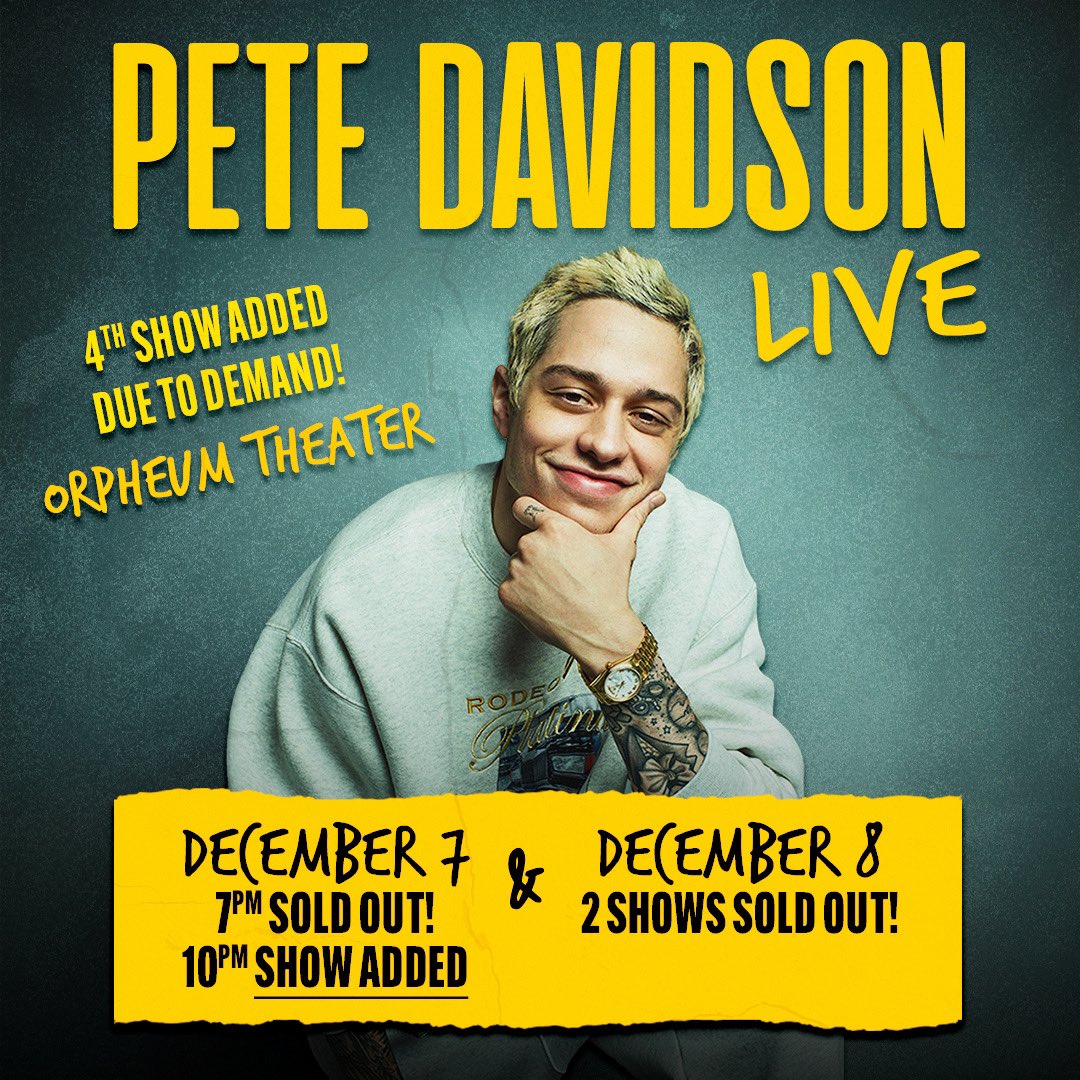 We’re adding a FOURTH Pete Davidson show at 10PM on December 7! 

Presale starts tomorrow at 10am, and general on sale starts Thursday at 10am 🎟️ You know the drill, these tickets won’t last long so get yours early!