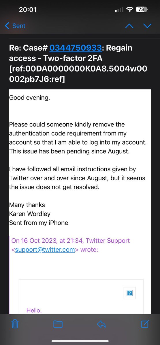 Hey, <a href="/Support/">Support</a> <a href="/X/">X</a> “my sister <a href="/karenwordley/">Karen Wordley</a> has enabled authentication on her account, but is not able to access it. Please could you assist her? She has informed you many times over and over since August, but just ignoring her support requests”.