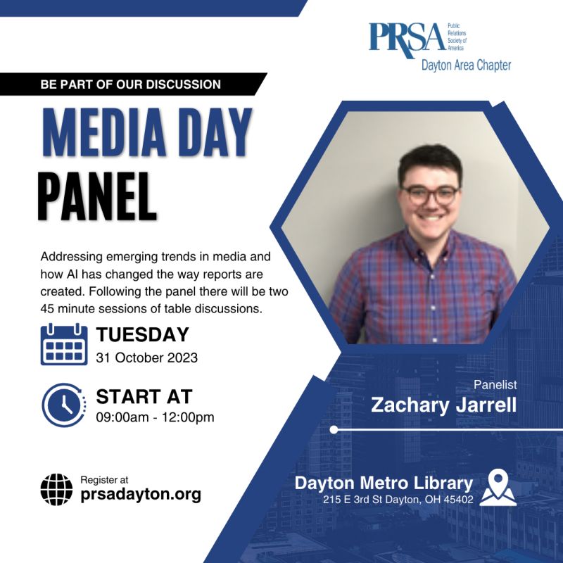 Be part of our #PRSADaytonMediaDay panel discussion with <a href="/jarrell_zach/">Zachary Jarrell</a>! 

Zach has covered commercial real estate, economic development and health care for <a href="/DBJnews/">Dayton Business Journal</a> since joining in May. 

Register here: shorturl.at/hluB9