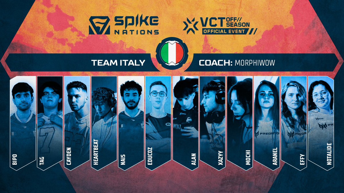 Ecco lo squadrone per il test match italiano delle #SpikeNations:
👔 <a href="/POW3R_GC/">Giorgio POW3R Calandrelli</a> e <a href="/Morphiw0w/">Morphi</a> 
👤 <a href="/bipoval/">bipo</a>
👤 <a href="/TaggVal/">DNSTY Tag</a>
👤 @caydenval
👤 <a href="/HearthBeat_OW/">HearthBeat</a>
👤 <a href="/NAAIIS1/">N A I S</a>
👤 <a href="/educoztv/">EduCoz</a>
👤 @alannnVAL
👤 <a href="/xazyyyy/">xazyyy</a>
👤 <a href="/M0chi_qq/">Mochi</a>
👤 <a href="/Aranel_VAL/">Aranel</a>
👤 <a href="/Seffyraa/">Effy</a>
👤 <a href="/notalide/">alide</a>
In data 27/10, 6 di loro