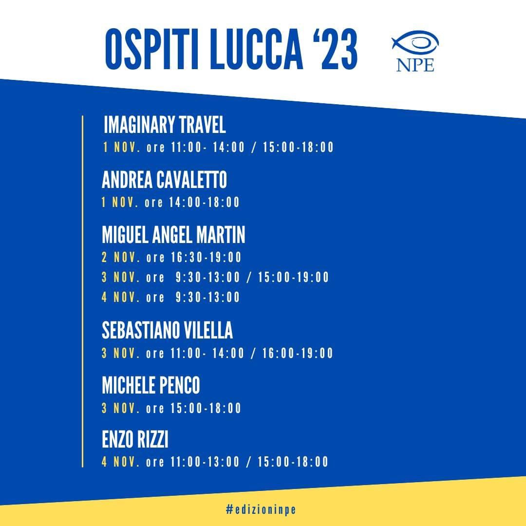 Tutte le date e gli orari dei firmacopie di Lucca Comics 2023!

Vi aspettiamo nel Padiglione Napoleone, stand NAP439. 

Maggiori info qui: Tutte le info qui: edizioninpe.it/novita-e-ospit…

<a href="/LuccaCandG/">Lucca Comics & Games</a>
