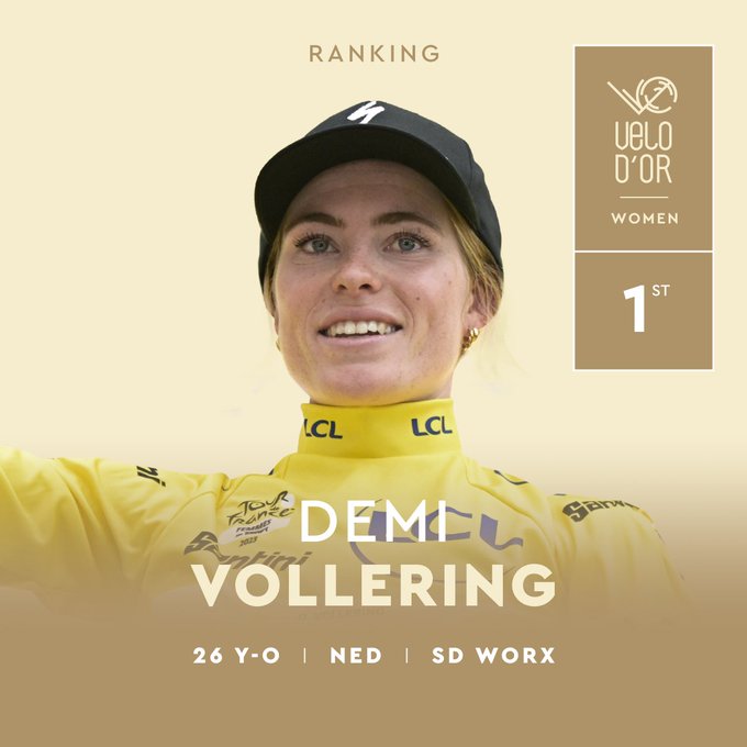 PROFE_RESTREPO's tweet photo. El danés Jonas Vingegaard logra
#Velod’or-23, delante de Tadej Pogacar y MVDP.Trofeo Bernard Hinault,mejor francés,para Christophe Laporte, el Eddy Merckx al neerlandés Van Der Poel. Entre las damas Demi Vollering vence con total justicia. Ceremonia en la que no estuvo el danés https://t.co/FbbJWYJzOc