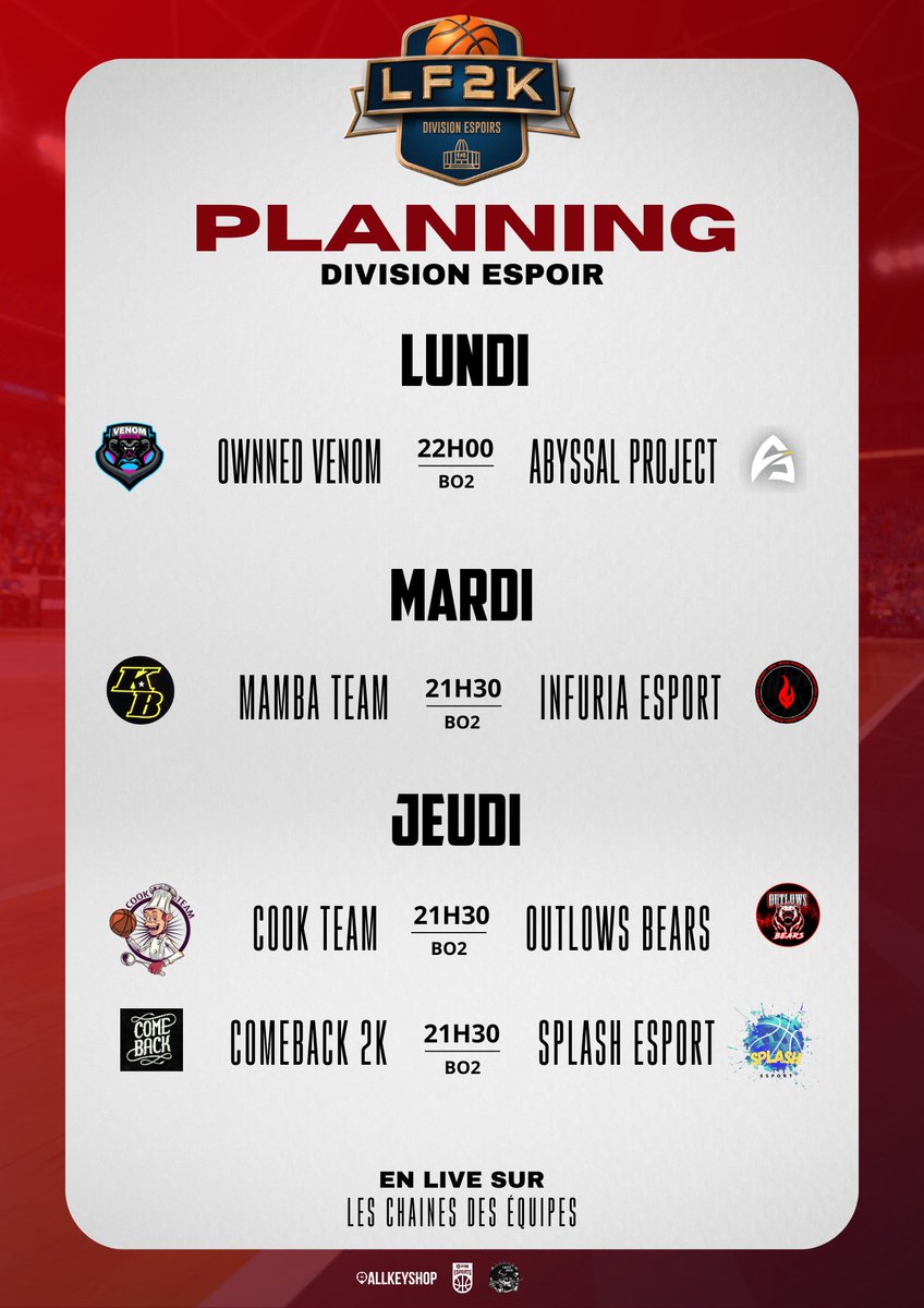 🔴 | DIVISION ESPOIRS

Rendez-vous à 21H30 pour la suite de la deuxième journée de la division ESPOIRS x <a href="/SauceLigue/">SAUCE Ligue</a> 🔥

<a href="/InFuria_esport/">InFuria E-sport</a> 🆚️ <a href="/MambaTeam3/">MAMBA COME BACK 👑</a>

➡️ twitch.tv/LeZxbre