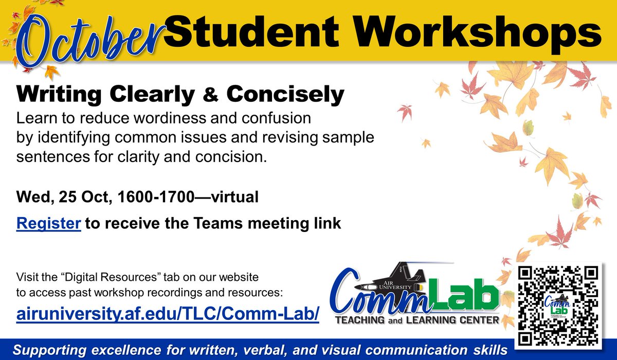 AirTeaching's tweet image. Last chance to join the Comm Lab for an October workshop! Access links at ow.ly/wIqC50Q0kQK #AUTLC #commlab #communicationlab #writing